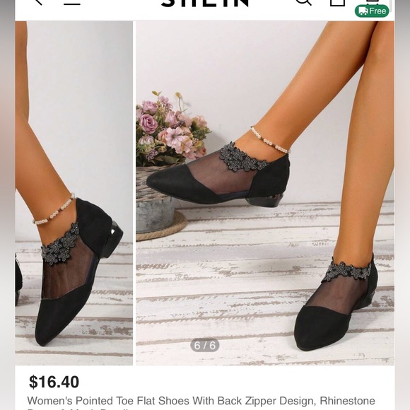 SHEIN NWT women’s black Pointed toe flats with rhinestones and mesh size 5 - Picture 3 of 8